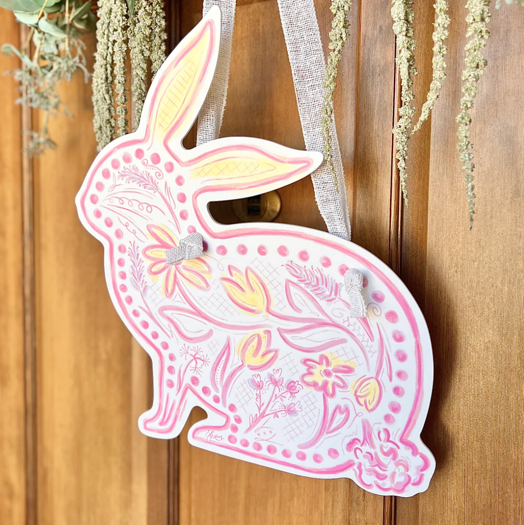 Pink Chinoiserie Bunny Door Hanger Right Facing