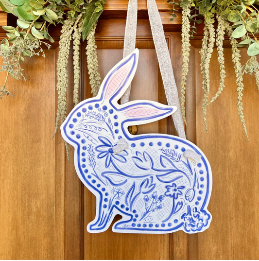 Blue Chinoiserie Bunny Door Hanger Left Facing